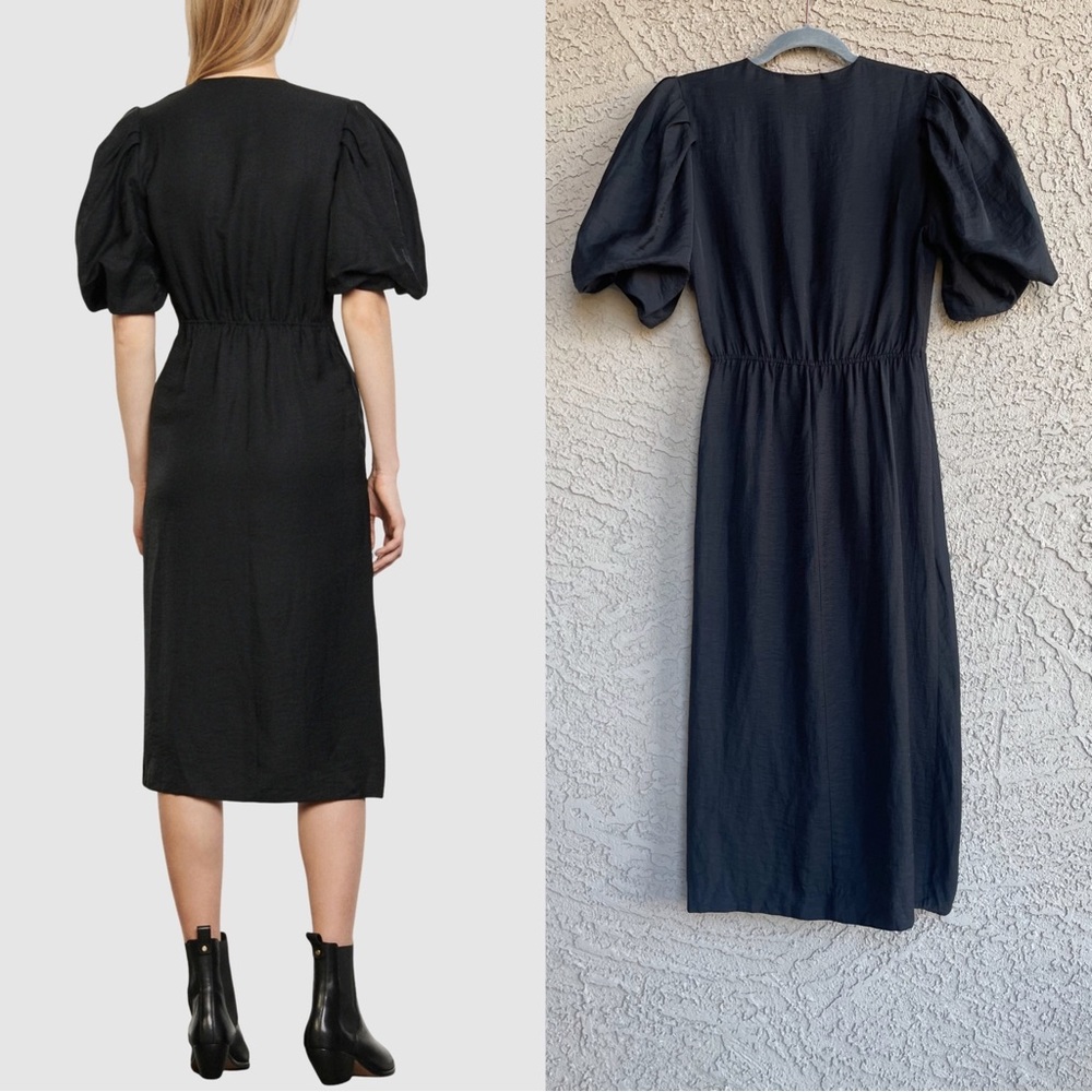 SANDRO Black Linen Tie Front Puff Sleeve Wrap Skirt Bloane Blum Midi Dress S - Picture 6 of 17
